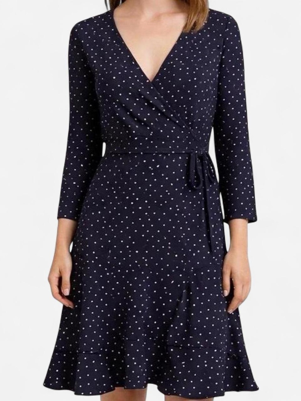 Chelsea28 Navy White Polka Dot Wrap Dress Small Long Sleeve Midi